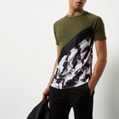 Khaki colour block camo T-shirt